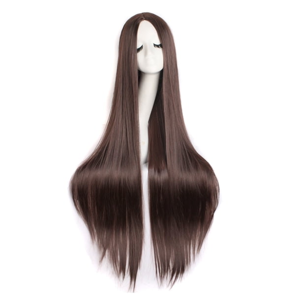 Zhuge Peluca lacia súper larga de 100 cm, sin flequillo, con raya en el medio, color rosa, para fiesta, anime, cosplay, cabello extra largo (castaño oscuro)