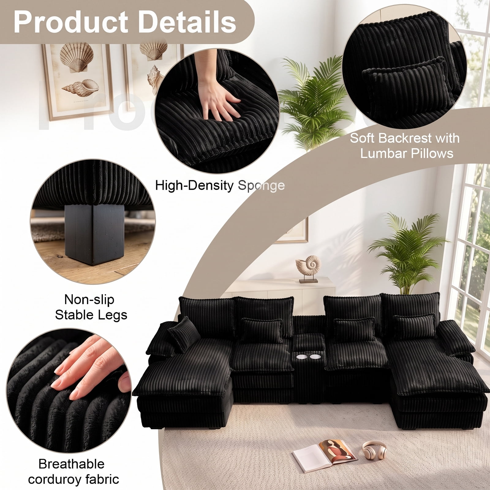 Avobird Oversided 124" U Shaped Cloud Couch Sectional, DeepSeat Sofa Bed with USB Charging, Hidden Storage, Cup Holders & Chenille Double Chaise, Black