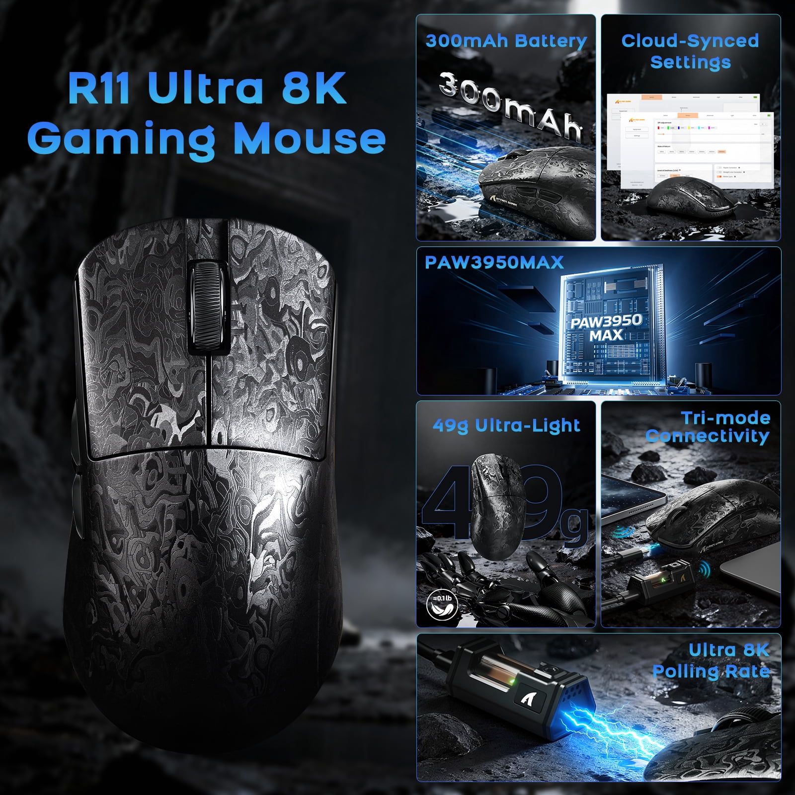 ATTACK SHARK R11 Ultra 8K Carbon Fiber Wireless Gaming Mouse with 42000 DPI-PAW3950 MAX Sensor-49g Lightweight,Nordic 52840 MCU Chip,Wired/BT/2.4Ghz Programmable,RGB Coiled Cable,Black Ink