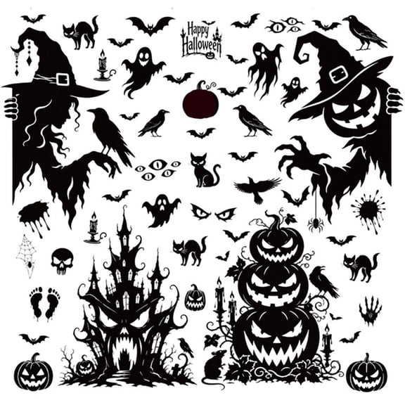 Set Black Silhouette Halloween Themed 4 Sheet Removable for Window Glass Wall Indoor Outdoor Halloween Party Decoration Home Decor