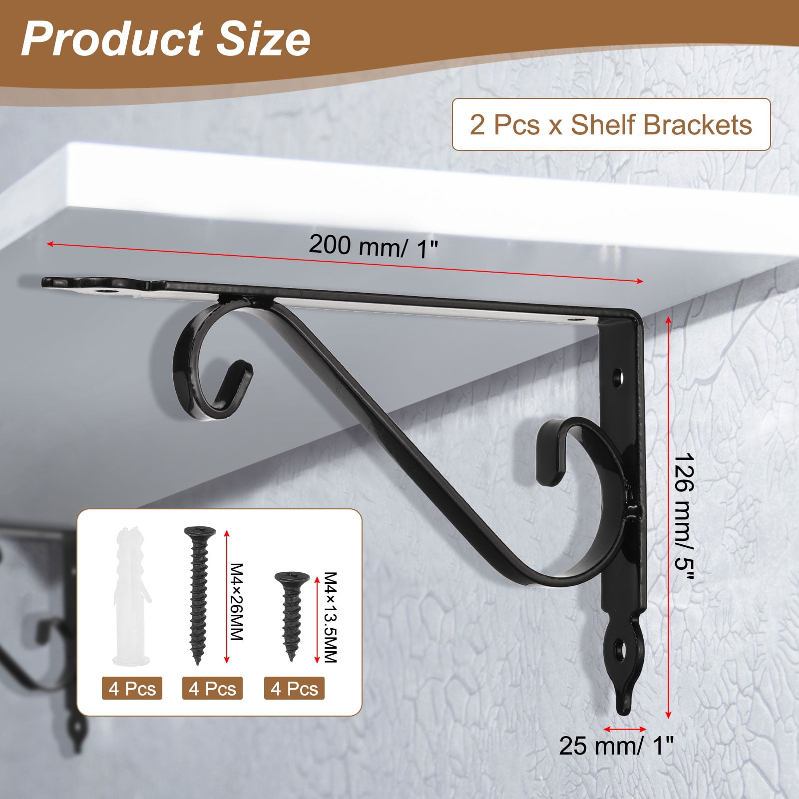 Uxcell 2 Pcs Decorative Shelf Brackets, 200mm/8 Inch Heavy Duty Floating Shelf Brackets for Wall Bookshelves Shelves Support, Black