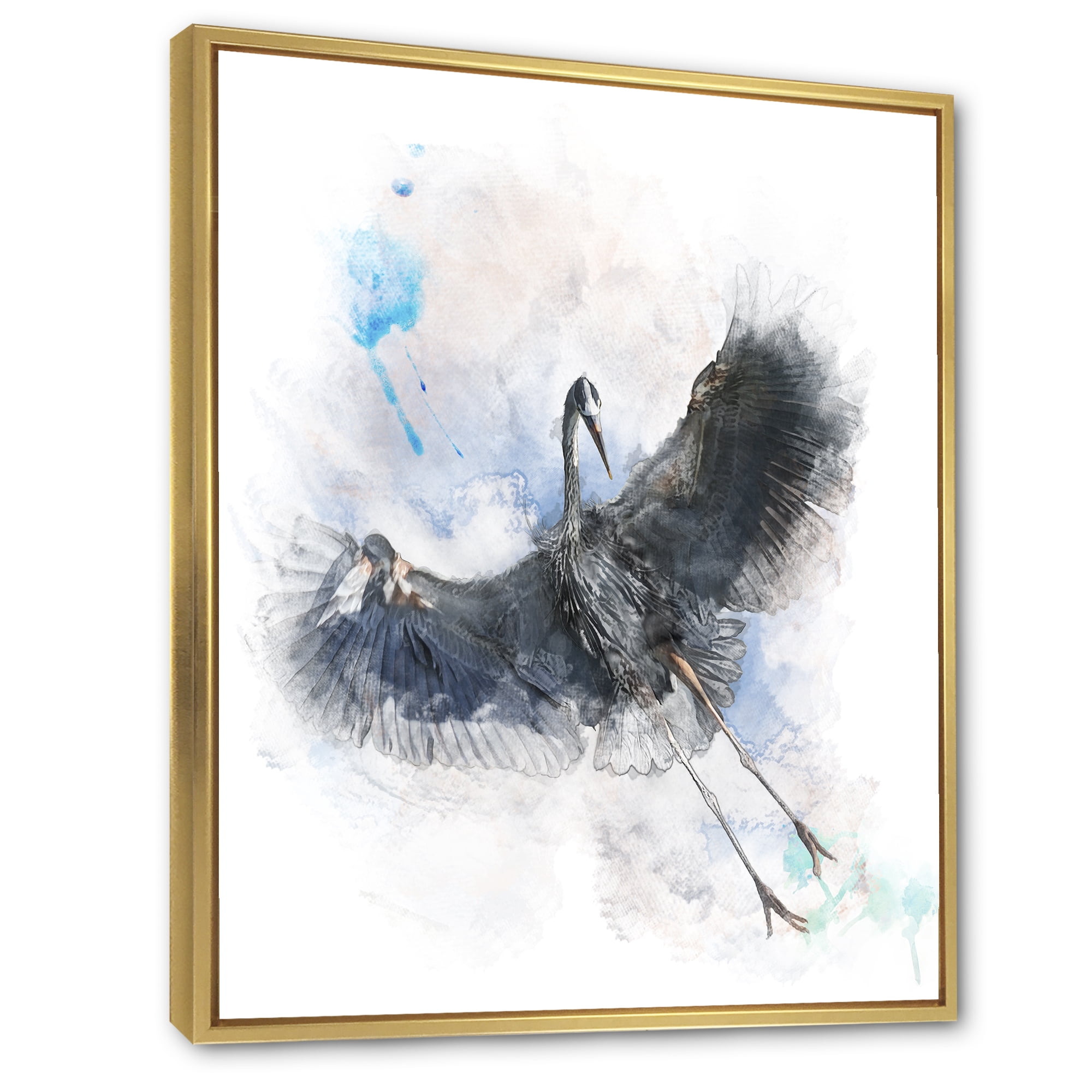 Great Dark Blue Heron Bird Illustration 12 in x 20 in Framed Painting Canvas Art Print, by Designart
