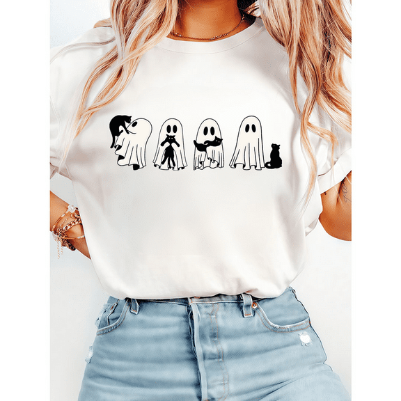 Fashion Halloween Ghosts & Cat Print T-shirts Funny Spooky Season Graphic Tees Short Sleeve Casual Tops Cotton Shirts for Daily Outfits White,S