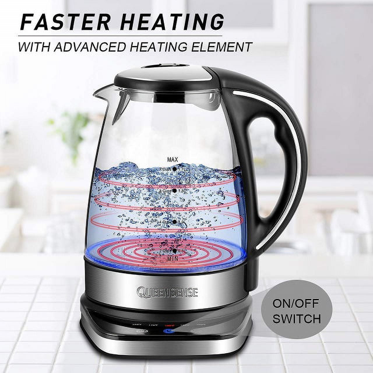 QUEENSENSE 1.7L Blue LED Light Electric Hot Water Glass Kettles
