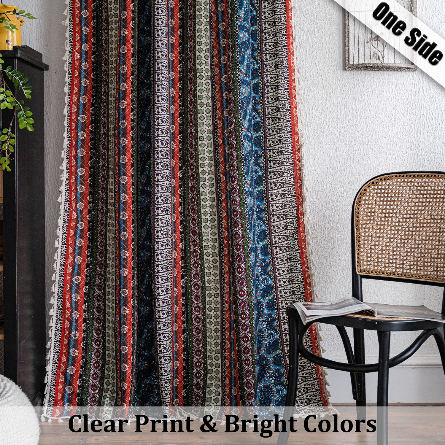 VOGOL Boho Striped Curtains, Semi Blackout Drapes with Tassels 52x84 Inches, 1 Panel for Living Room & Nursery