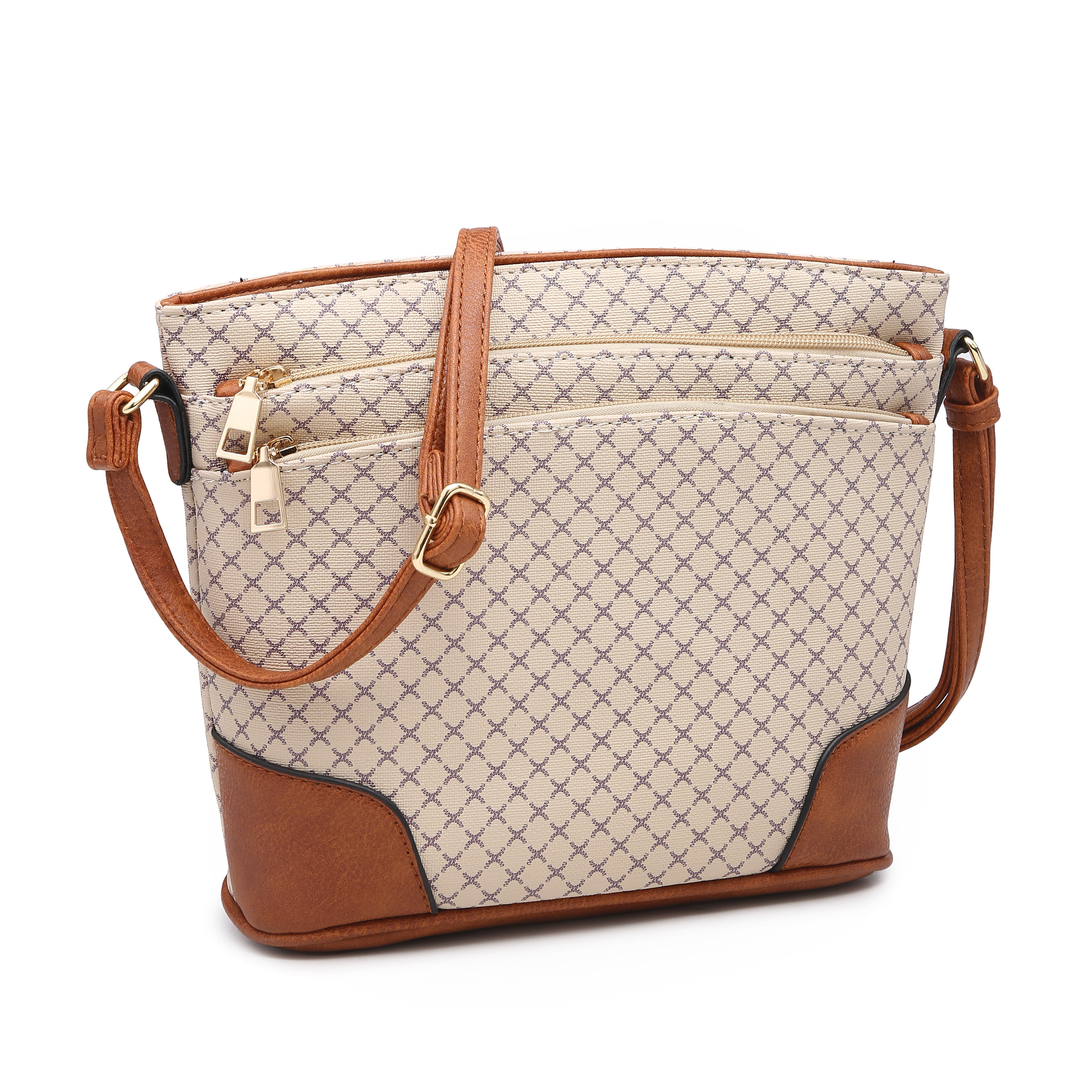 POPPY - POPPY Faux Leather Triple Zip Pocket Crossbody Bag Plaid Pattern Messenger Bag Bucket ...