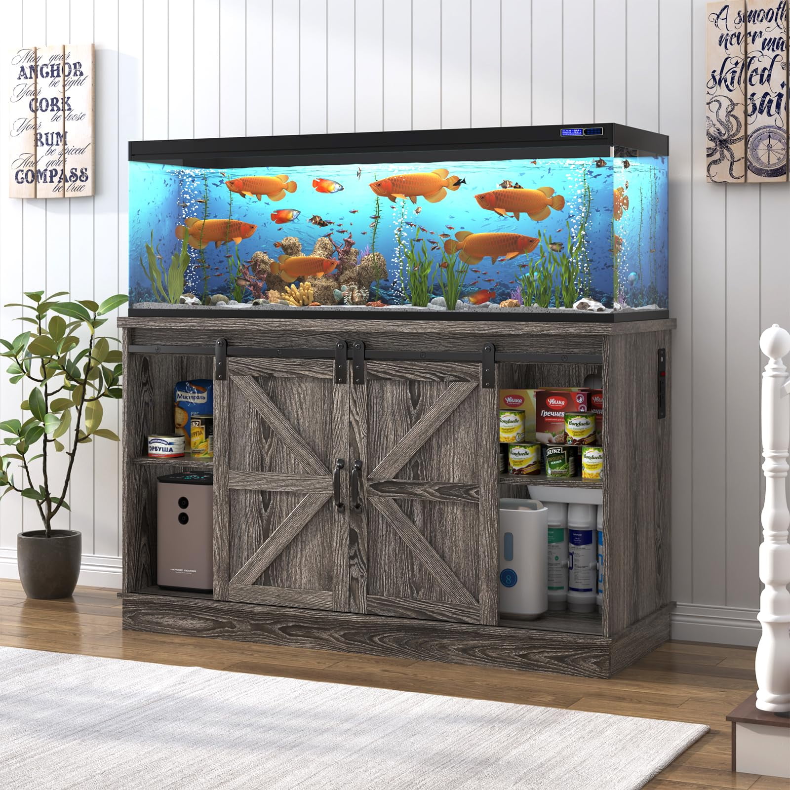 Blotout Farmhouse 55-75 Gallon Fish Tank Stand with Power Outlet, 52"Aquarium Stand with Storage/Sliding Barn Door, Heavy Duty Tank Stand for 2 Fish Tank/Reptile Terrarium, 1000lbs Capacity,Gray