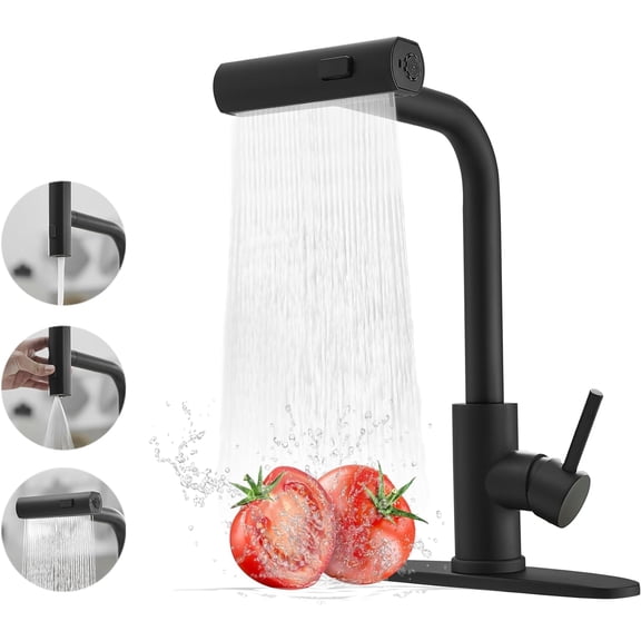 Kitchen Faucet with Pull Down Sprayer, Matte Black Waterfall Kitchen Faucet | Commercial Stainless Steel Single Handle Faucet with 3 Spray Modes for Farmhouse, RV, Laundry, Bar and Utility Sinks