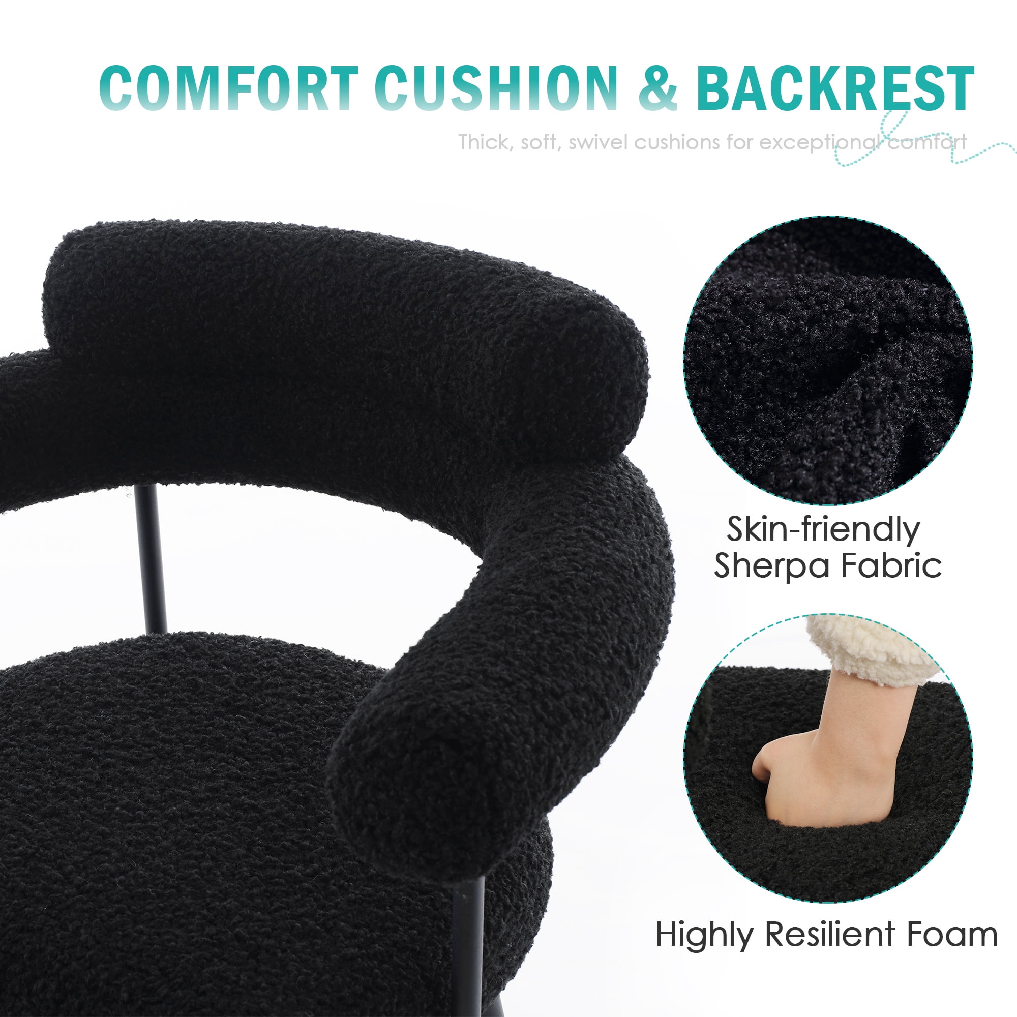 Zesthouse 26.7" Swivel Counter Stools Set of 2, Upholstered Sherpa Bar Stools with Back and Metal Legs, Modern Counter Height Chairs for Kitchen Island, Black
