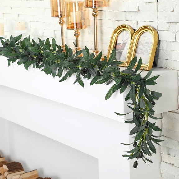 KUNPENG Artificial Olive Leaves Vine, 5.6ft Artificial Garlands Hanging Greenery Vine with Fake Fruits Greenery Olive Leaves for Wedding  Garden Wall Door Mantel Fireplace Cozy Home Decorations