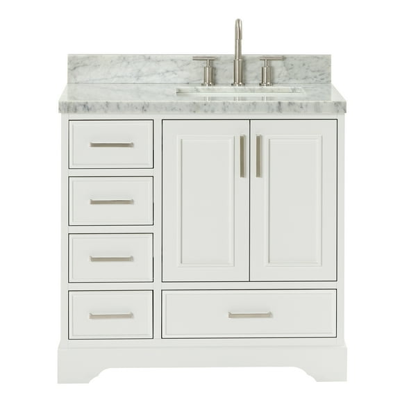 Ariel Stafford 37 Inch Single Right Offset Rectangle Sink Vanity With Carrara White Marble Countertop W/1.5" Edge In White