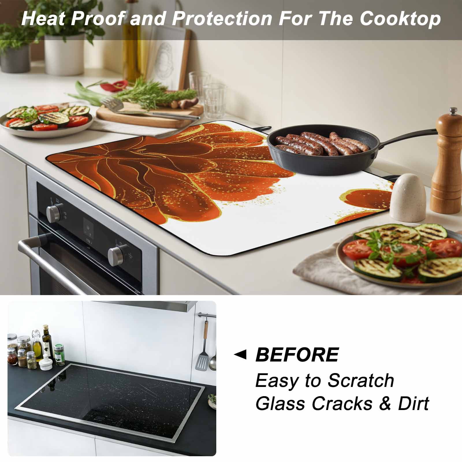 Burnt Orange Stove Top Cover for Electric Stove, Heat-proof & Non Slip Glass Top Stove Cover Protector, Sparkle Gold Stained Floral Flower Art Kitchen Flat Cooktop Rubber Mat 31x24 Inches