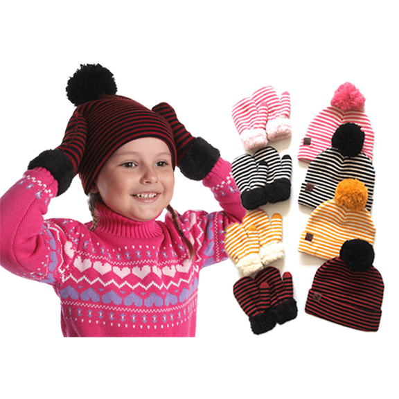 Yoyauz Kids Children Winter Warm Knit Mittens Gloves Beanie Pompom Hat Set