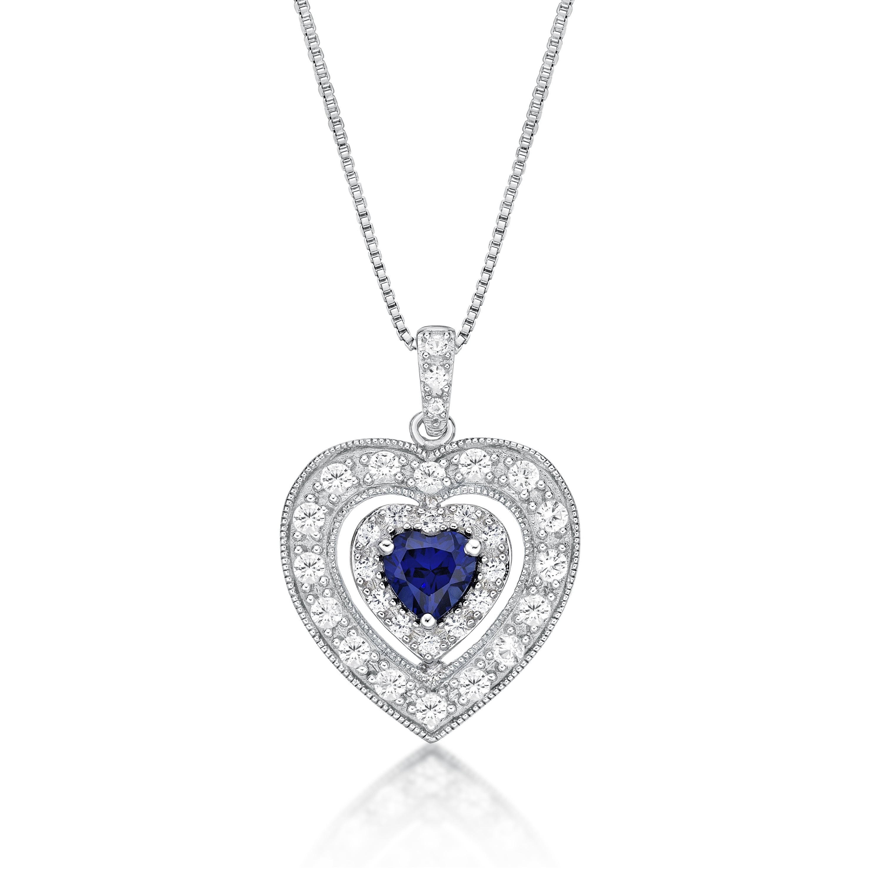 Brilliance 925 Sterling Silver Created Sapphire and Created White Sapphire Heart Pendant with 18" Chain