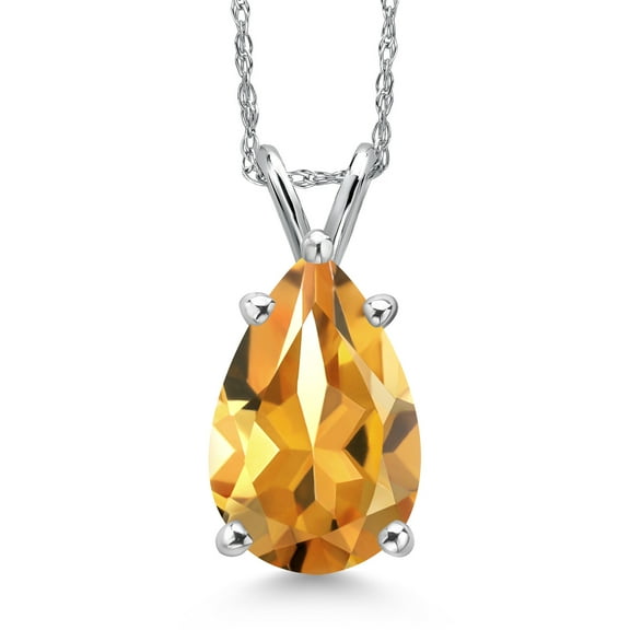 Gem Stone King 14K White Gold Yellow Citrine Pendant Necklace for Women | 2.89 Cttw | Gemstone November Birthstone | Pear Shape 12X8MM | With 18 inch Chain