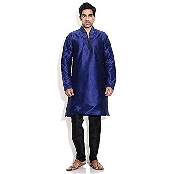 Royal Kurta Men's Silk Blend Hineck Kurta Churidaar Set Blue