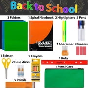 30 Piece Stationary Kit with 1 Spiral Notebook, 5 Pens, 5 Pencils, 5 Crayons, 3 Folders, 3 Erasers, 2 Text Brighteners, 2 G. Sticks, 1 Scissor, 1 Ruler, 1 Sharpener & 1 Soft Pencil Case