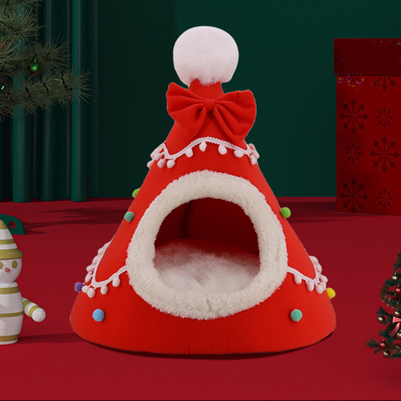 Nebwoak Soft Nest for Dog and Cat Christmas Candy Pet Bed Pet Villa Kitty Bed Dog Bed Winter Warm Cats Bed Yurt Pet Houses Pet Tent House