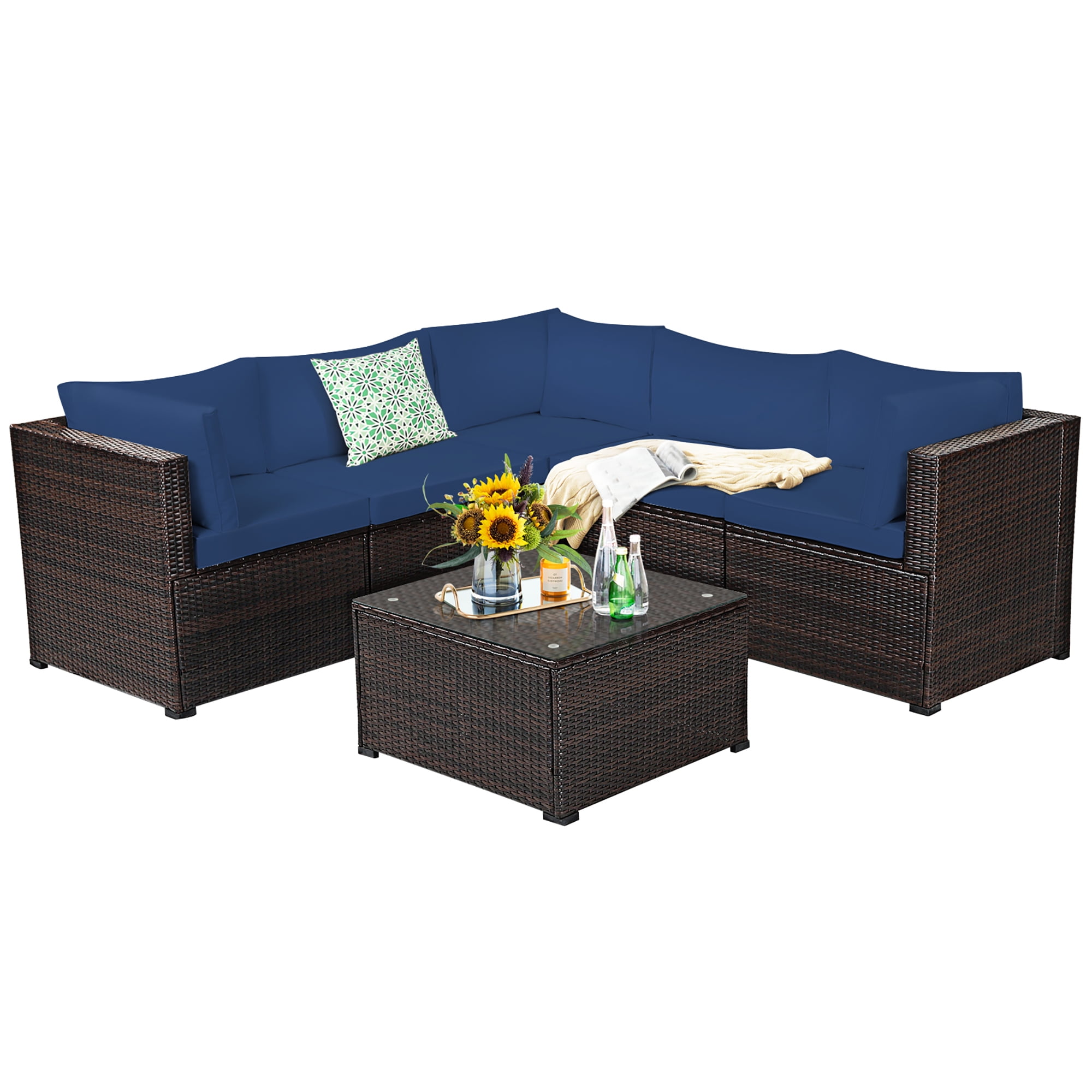 Costway 6PCS Patio Rattan Furniture Set Sectional Cushioned Sofa Deck Navy