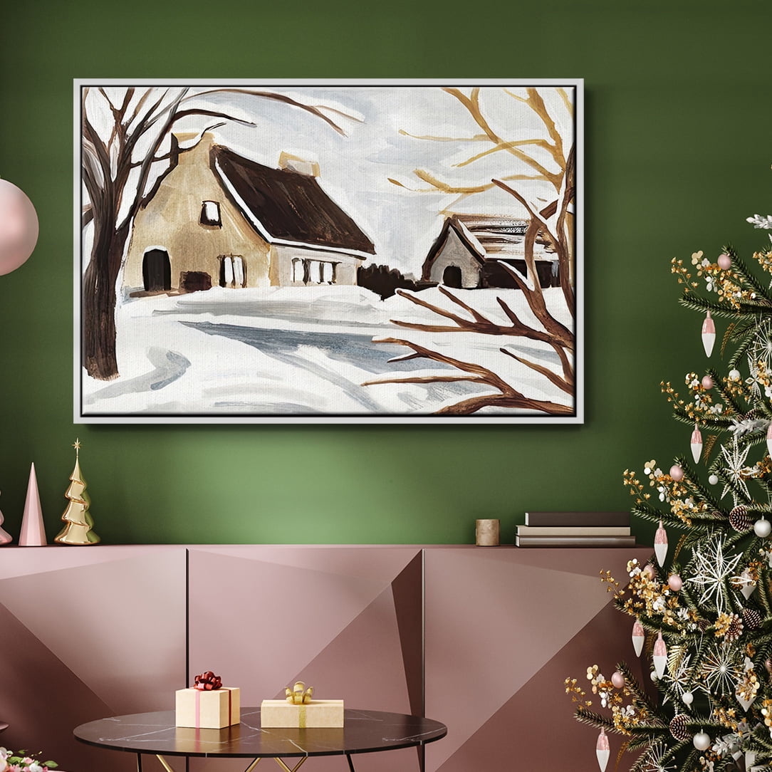 Winter Cottage II - Framed Gallery Wrapped Holiday Canvas - 25 x 37 - White Frame