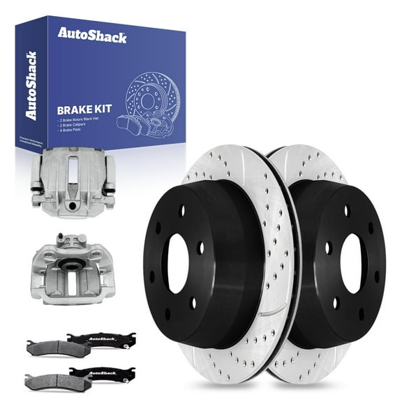AutoShack Rear Drilled & Slotted Brake Rotors Ceramic Brake Pads Calipers | Replacement for 2007 Chevrolet Silverado 1500 Classic 2006 GMC Sierra 1500 | E-Coated | 8-PC Brake Kit | ShadowGuard