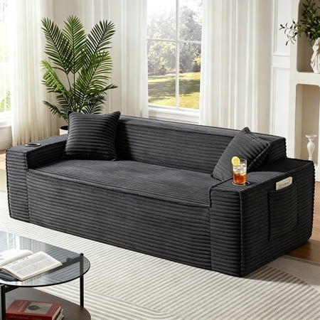Aukfa 3 Piece Boneless Couch Set, 81" 3 Seat Cloud Sofa for Living Room, 2 Cup Holders&Storage Pocket, Corduroy, Gray