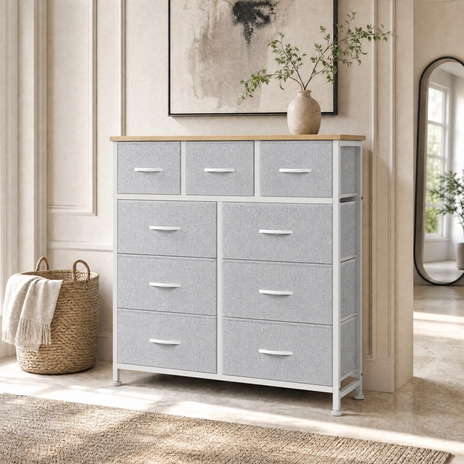 Telyra 9-Drawer Fabric Dresser Tall Storage Tower with Wood Top and Steel Frame Bedroom Closet Organizer, Light Gray