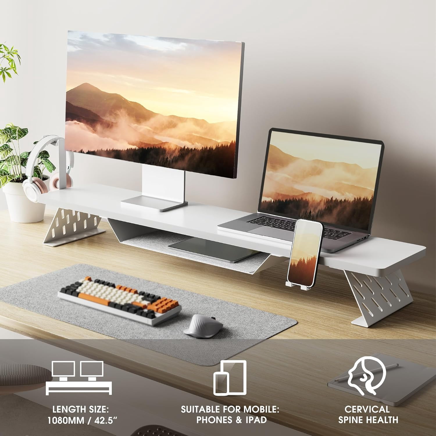 Dual Monitor Stand 42.5 Inch Wood Desk Shelf with Headphone & Phone Holder for Office Organization