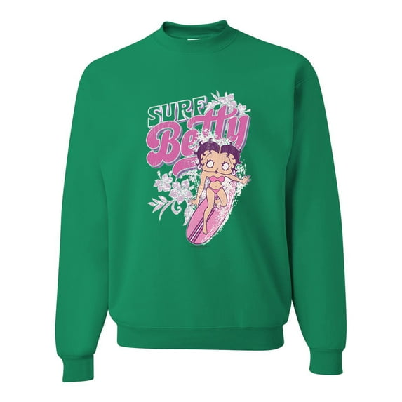 Wild Bobby, Shore Surfer Betty Boop Betty Boop Unisex Crewneck Sweatshirt, Kelly, X-Large