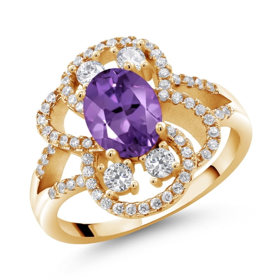 Gem Stone King 18K Yellow Gold Plated Silver Statement Ring Set with Oval Purple Amethyst (2.42 cttw) (Size 6)