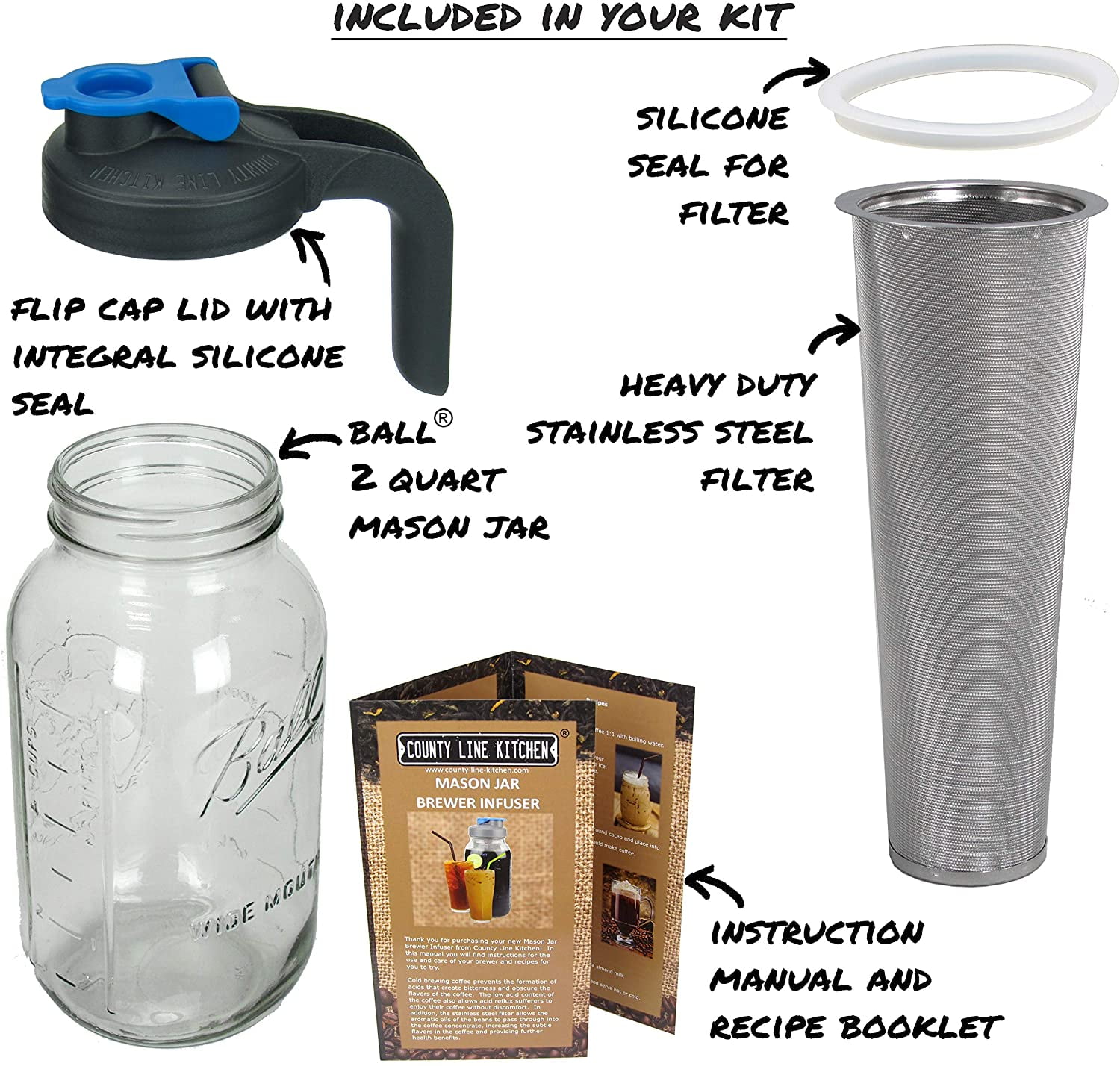 64 oz 2 Quart Cold Brew Mason Jar iced Coffee Maker Flip Cap Lid Durable Glass No Handle County Line Kitchen Heavy Duty Stainless Steel Filter 64 oz 2 Quart Cold Brew Mason Jar iced Coffee Maker Flip Cap Lid Durable Glass No Handle County Line Kitchen Heavy Duty Stainless Steel Filter