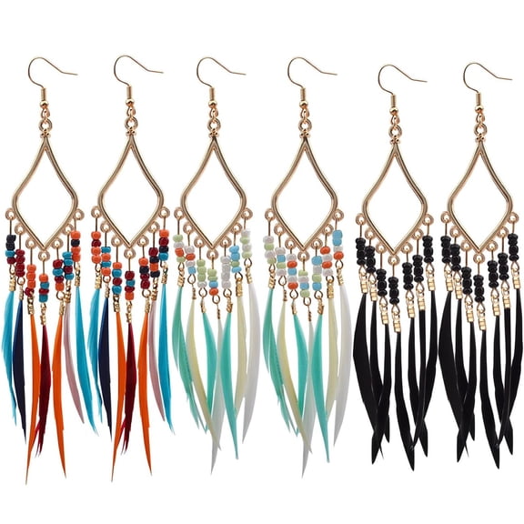 3 Pairs of Bohemian Earrings Set with Feather Tassel, Retro Boho Multicolor Long Fringe Tassels Feather Beaded Dangle Earring Hooks Jewelry