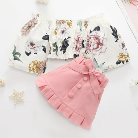 

Wiueurtly Toddler Kids Girls Clothes Summer Short Sleeve Off Shoulder Floral Ruffle T Shirt Tops Bow Pleated Skirt Casual 2PCS Outfits Set Little Girl Yoga Outfit