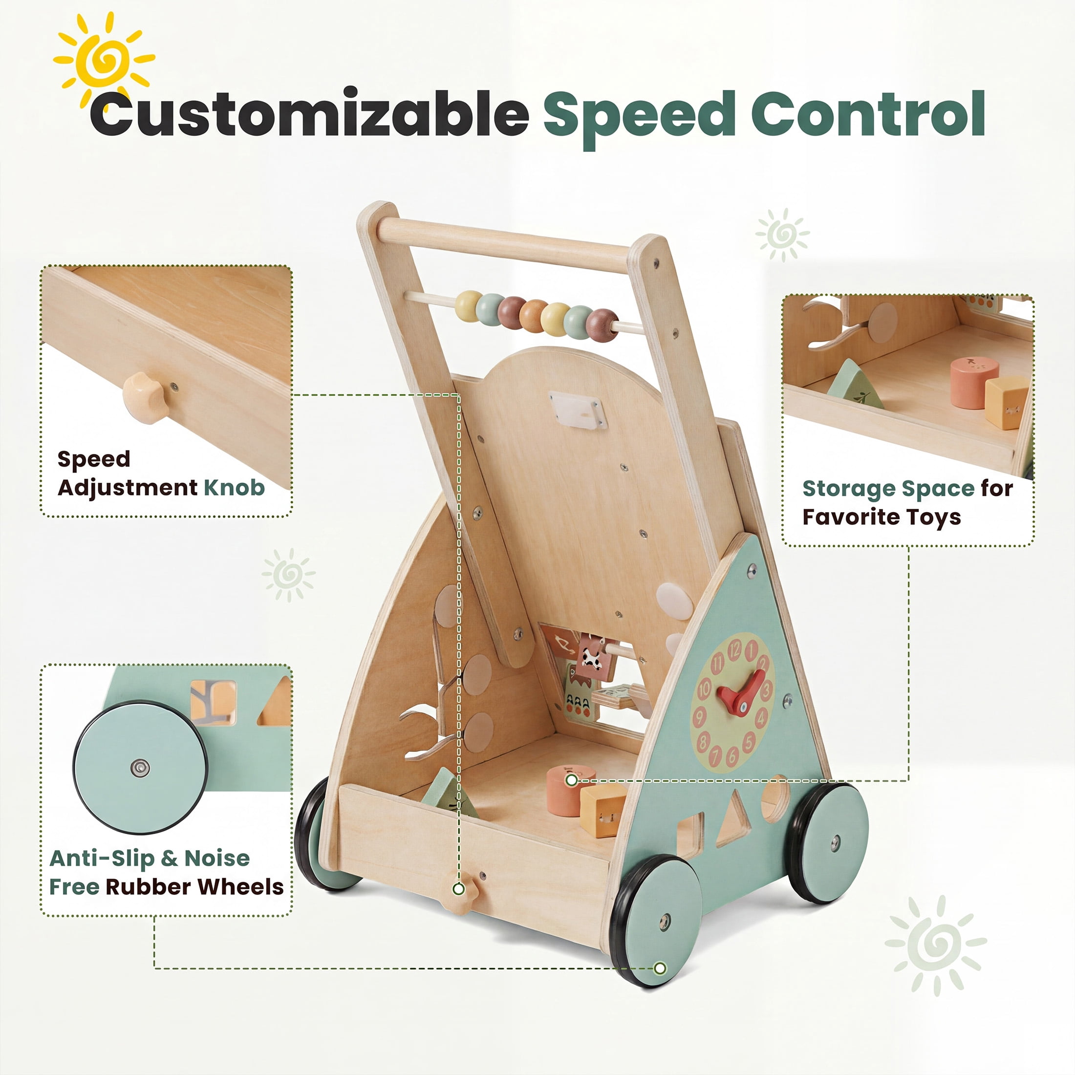 EDX Wooden Baby Walker, Adjustable Speed Montessori Learning Toy with Activity Center, Silent Rubber Wheels for Babies 12 Months, Wood