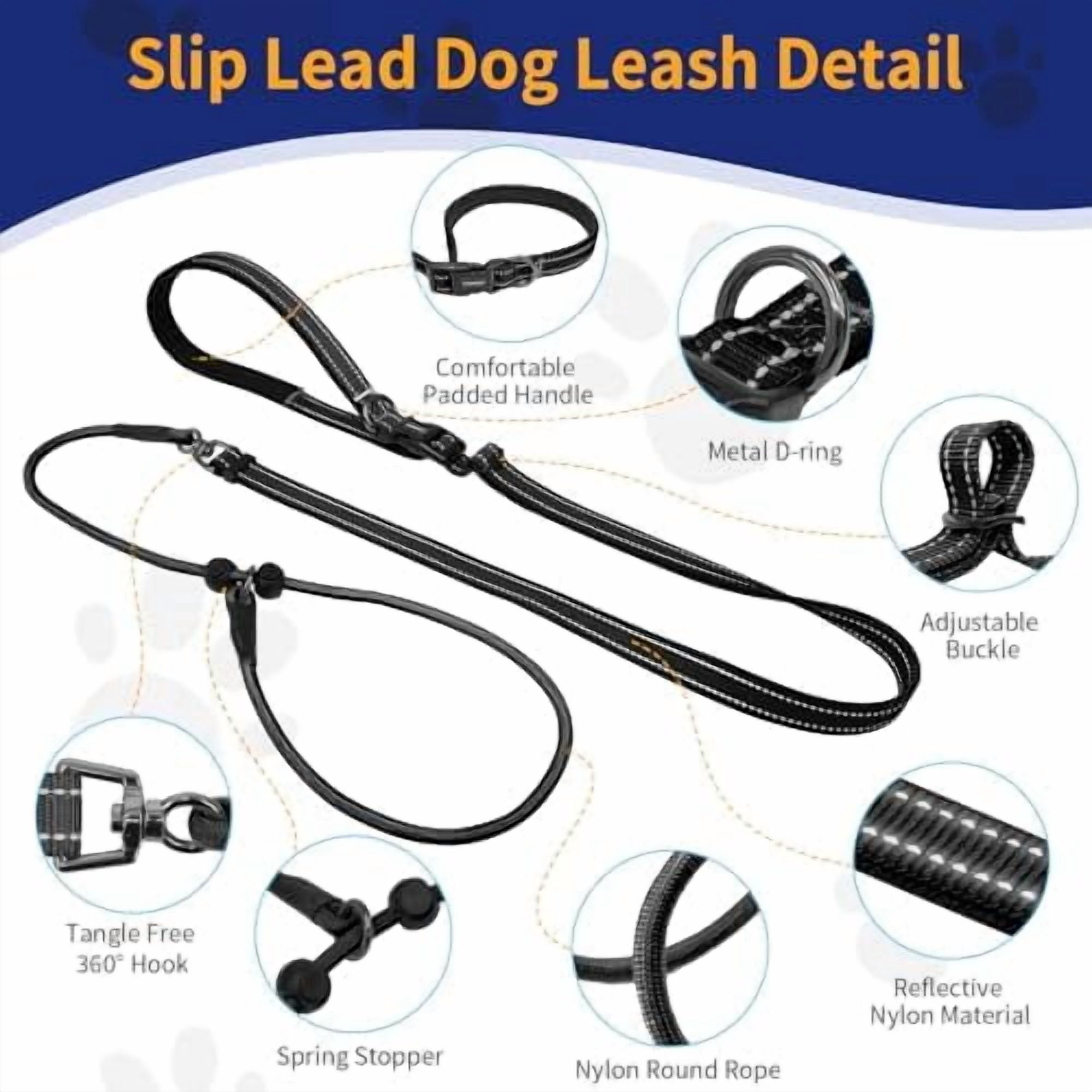 Slip Lead Dog Leash, Hands-Free No Pull Training Leash with Padded Handle for Medium Large Heavy Duty Dogs, Black
