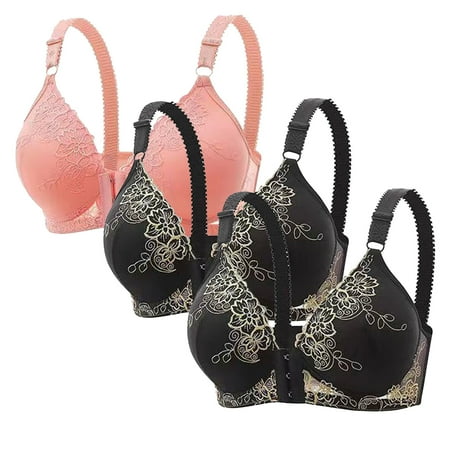 Gnurob 3 Pack Front Closure Bras for Women Lace Beauty Back Smoothing Bra Wirefree Bralettes Seamless Brassiere Full Coverage Bralette Comfort Breathable Underwear Clearance Saving Black Large