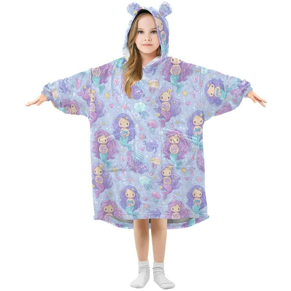 Wearable Blanket Hoodie for Kids Sweet Mermaids Flannel Hooded Blanket with Pockets and Sleeves Suitable for Boys and Girls