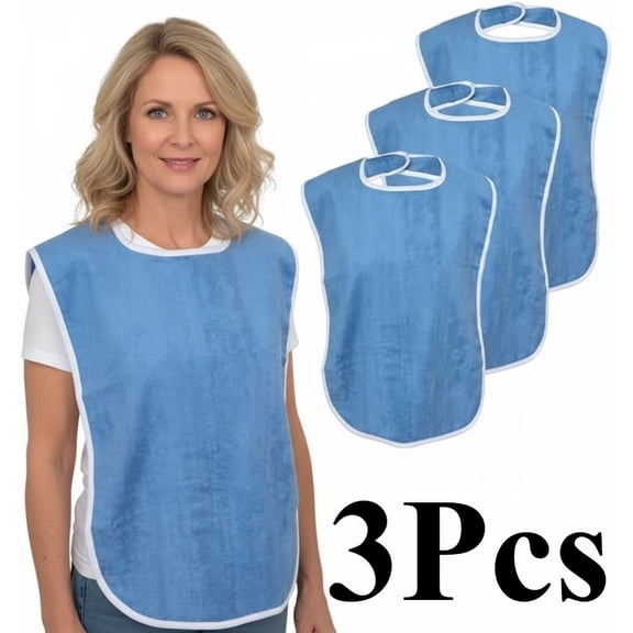 Premium Lightweight Adult Bibs for Elderly Seniors and Disabled Adults, 3 Pack (Blue)