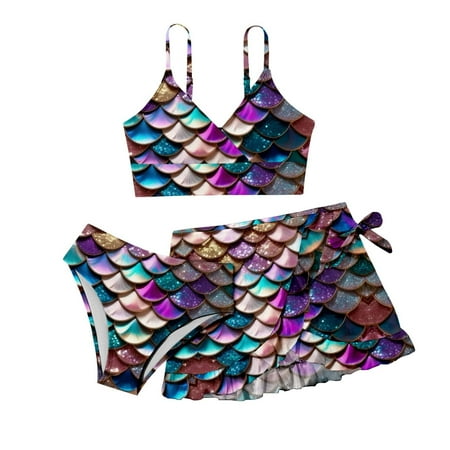 Toddler Girls Swimsuits Scale Print Spaghetti Strap Bra And Panty Bikini Sets With Swimming Skirts Cover-Up 3 Piece Swimsuit For Kids Swimwears Bathing Suits  11-12 Years
