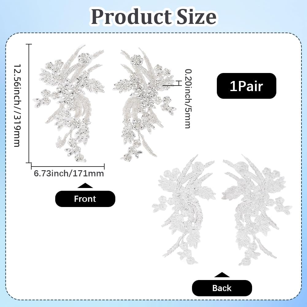 2Pcs Rhinestone Beaded Floral Embroidered Appliques Handmade 3D Shiny Bling Sequins Stone Embroidery Flower Lace Trim Applique Patches for Sewing Making Dress Gowns Wedding Clothes