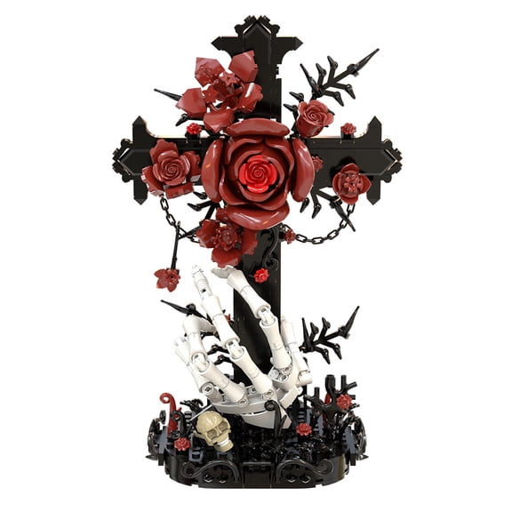 Red Oath Rose Cross Model Building Block Set Gothic Decor Construction Toy,Lego-Compatible, 497pcs