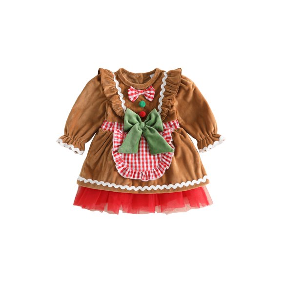 RUINIXCW Toddler Girl Christmas Gingerbread Dress with Bow Long Sleeve A-line Dress