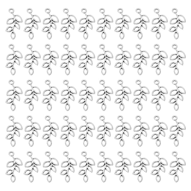 Uxcell Leaf Pendants, 50 Pack Metal Tree Leaf Beads Bulk Leaves Charm for Jewelry Making Style 17, Silver