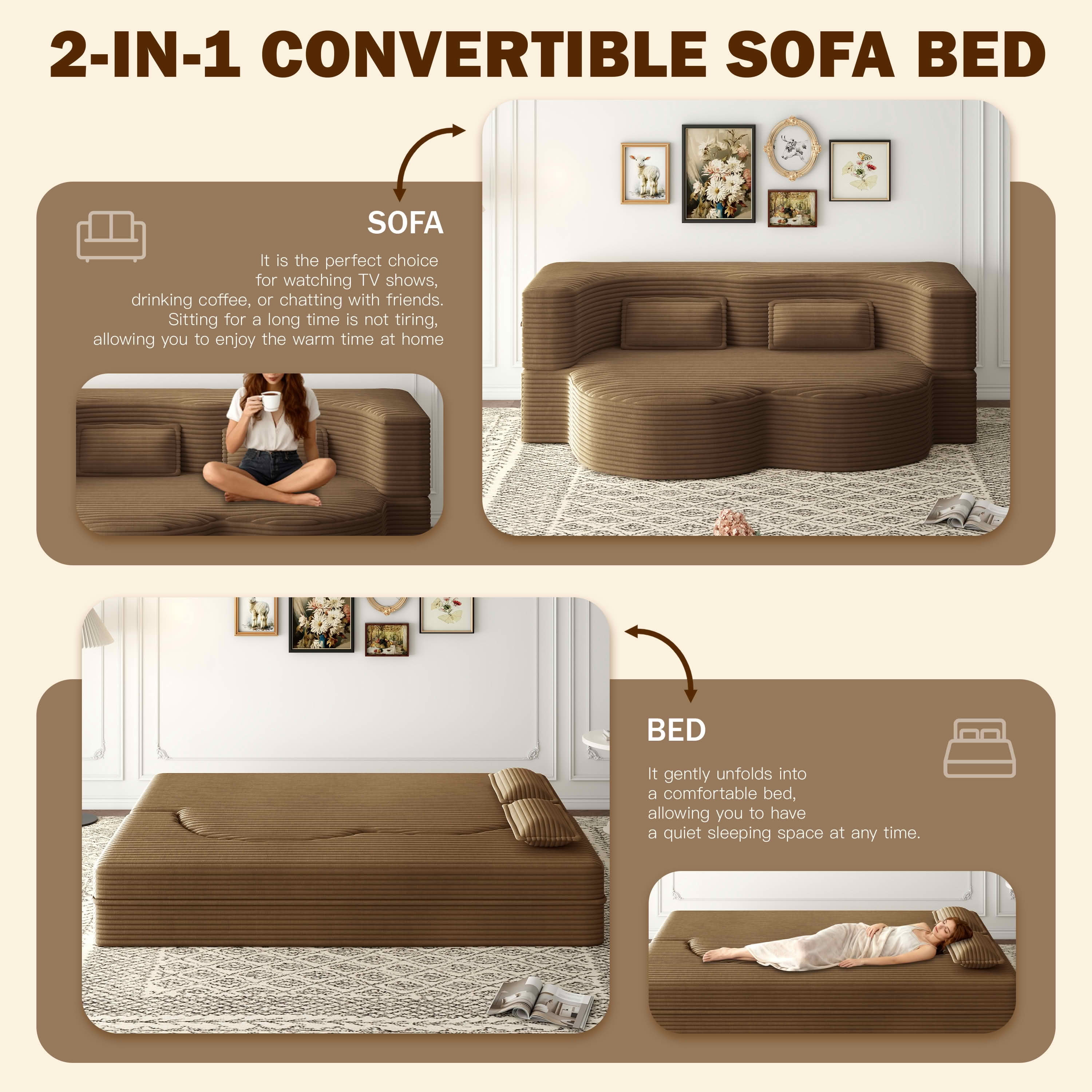 MAYEERTY Vacuum Compressed Corduroy Foldable Foam Sofa Bed, Full Size Zero Assembly Floor Sleeper with 2 Pillows