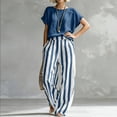 thumbnail image 3 of Textilo Outfits 2 Piece for Women Cotton Linen Striped T-Shirts Pants Outfits Short Sleeve Wide Leg Sets Travel Summer Vacation Loose-Fit Walking Tracksuit,Navy 2XL, 3 of 5