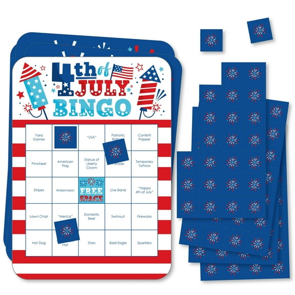 Big Dot of Happiness Firecracker 4th of July - Bar Bingo Cards and Markers - Party Shaped Bingo Game - Set of 18