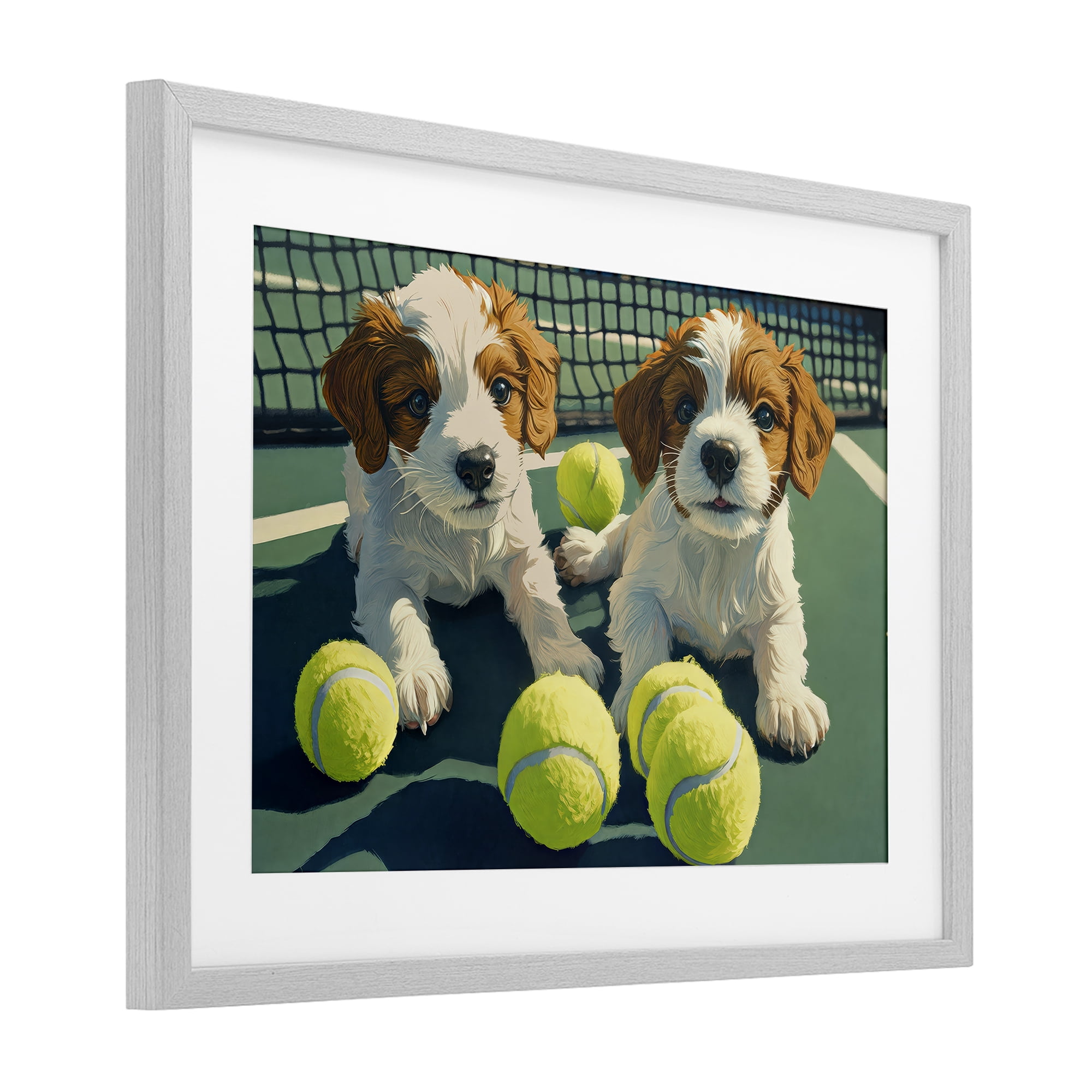 Stupell Industries Playful Puppies with Tennis Balls Gray Framed Print Under Glass, design by Imagine It Images