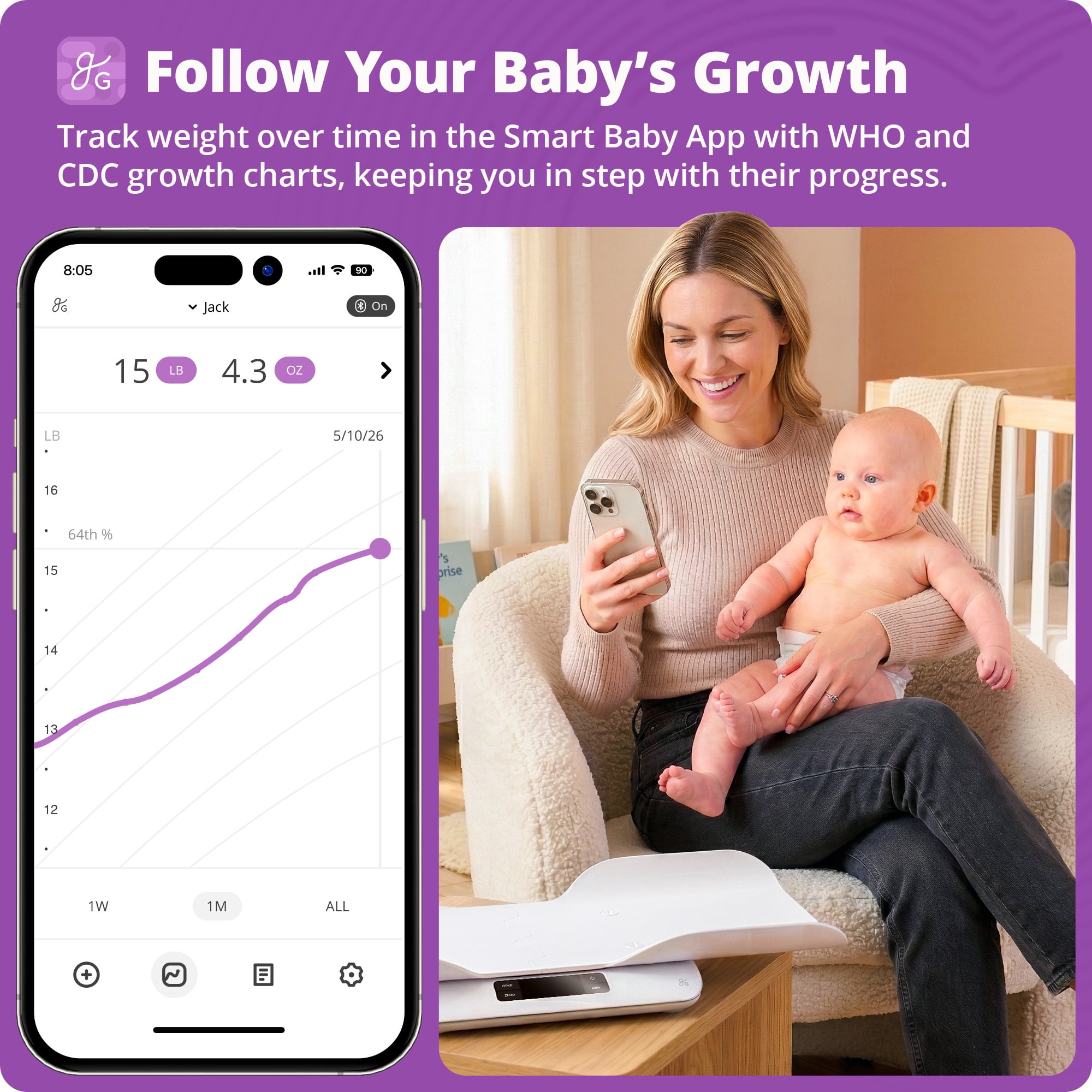 Greater Goods Digital Baby Scale with Bluetooth App, Smart Infant & Toddler Weight Scale, Motion Stabilization for Wiggly Babies