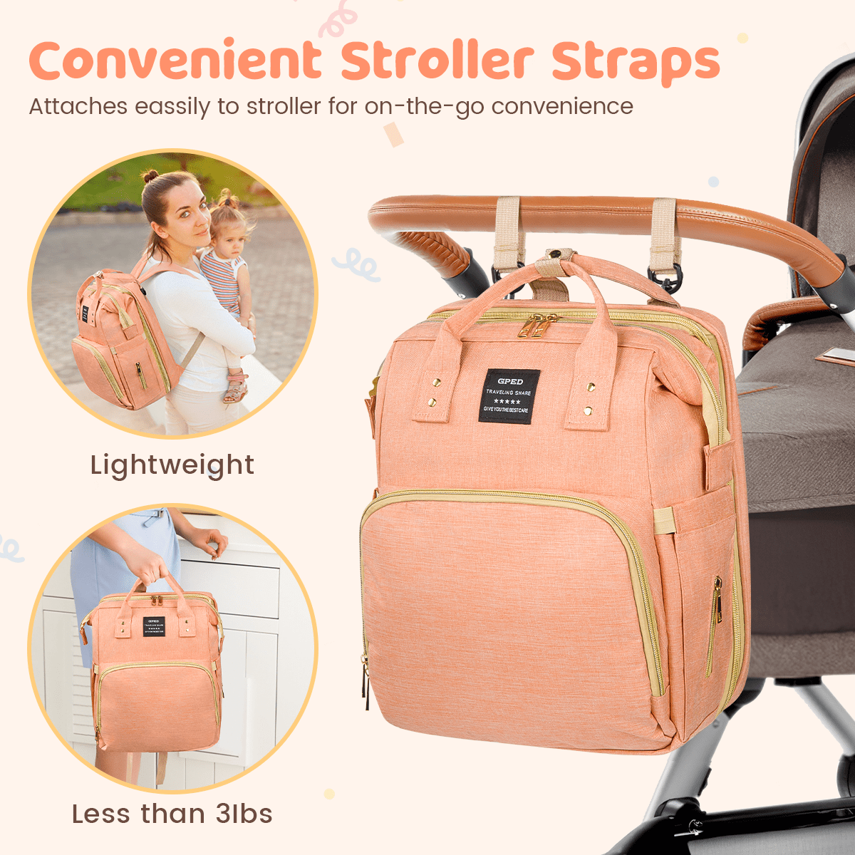 GPED Diaper Bag Backpack, Multifunctional Baby Changing Bag with Foldable Crib & Insulated Milk Bottle Pockets, Large Capacity Portable Travel Backpack with USB Charging Port for Moms Dads(Pink)