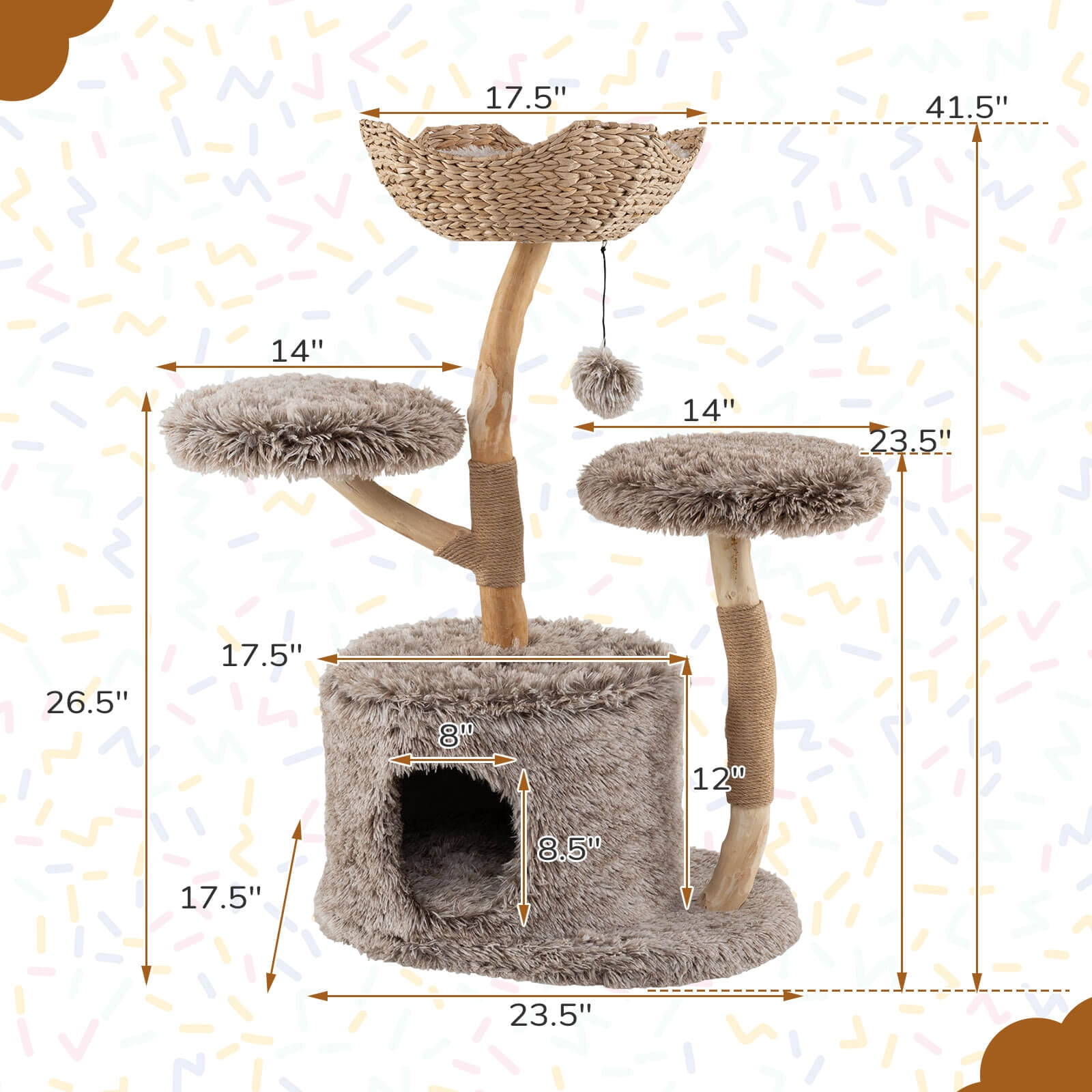 Costway Solid Wood Cat Tree with Well-woven Cattail Basket Luxury Condo Scratching Posts